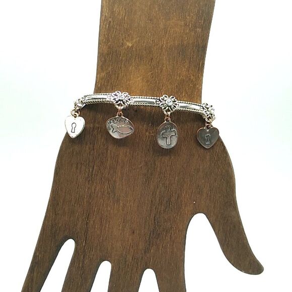 Inspirational Cross, Heart, Fish Stretch Silver-tone Charm Bracelet - Picture 3 of 8